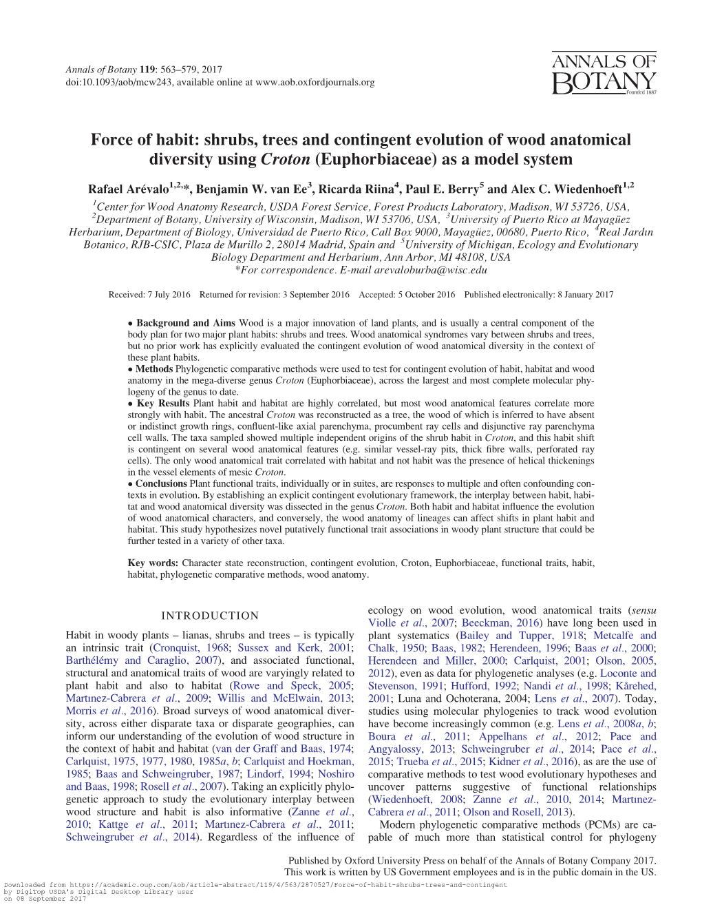 Shrubs, Trees and Contingent Evolution of Wood Anatomical Diversity Using Croton (Euphorbiaceae) As a Model System