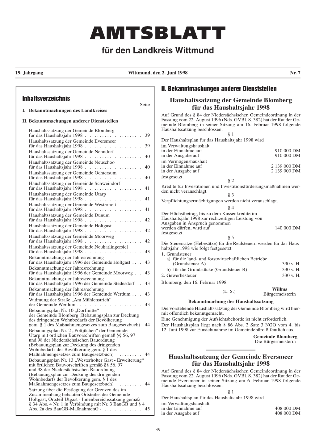 AMTSBLATT Für Den Landkreis Wittmund