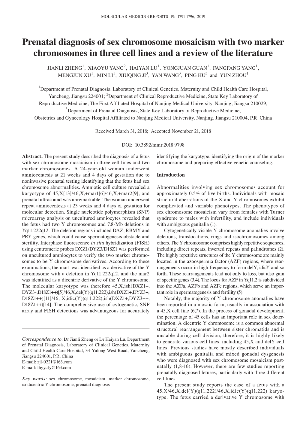 Prenatal Diagnosis of Sex Chromosome Mosaicism with Two Marker Chromosomes in Three Cell Lines and a Review of the Literature