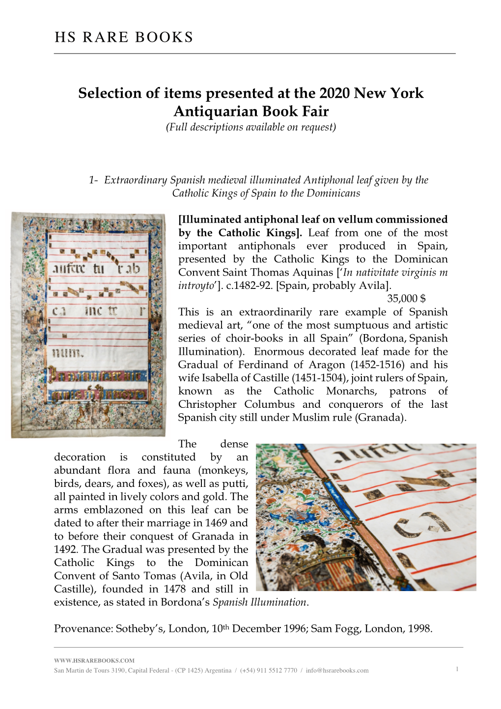 Selection of Items Presented at the 2020 New York Antiquarian Book Fair (Full Descriptions Available on Request)