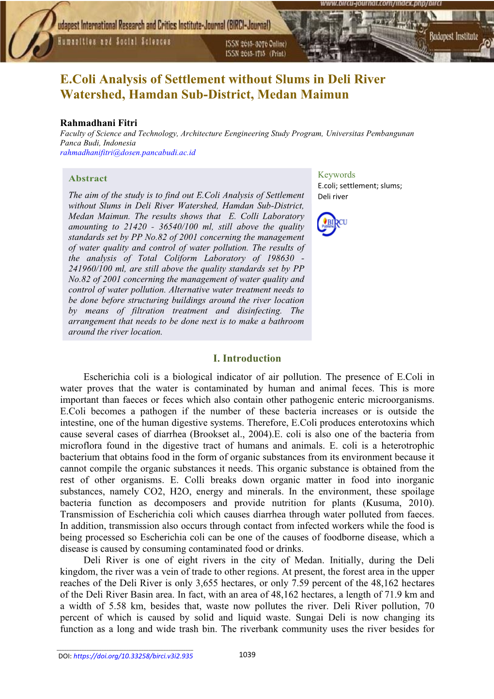 E.Coli Analysis of Settlement Without Slums in Deli River Watershed, Hamdan Sub-District, Medan Maimun