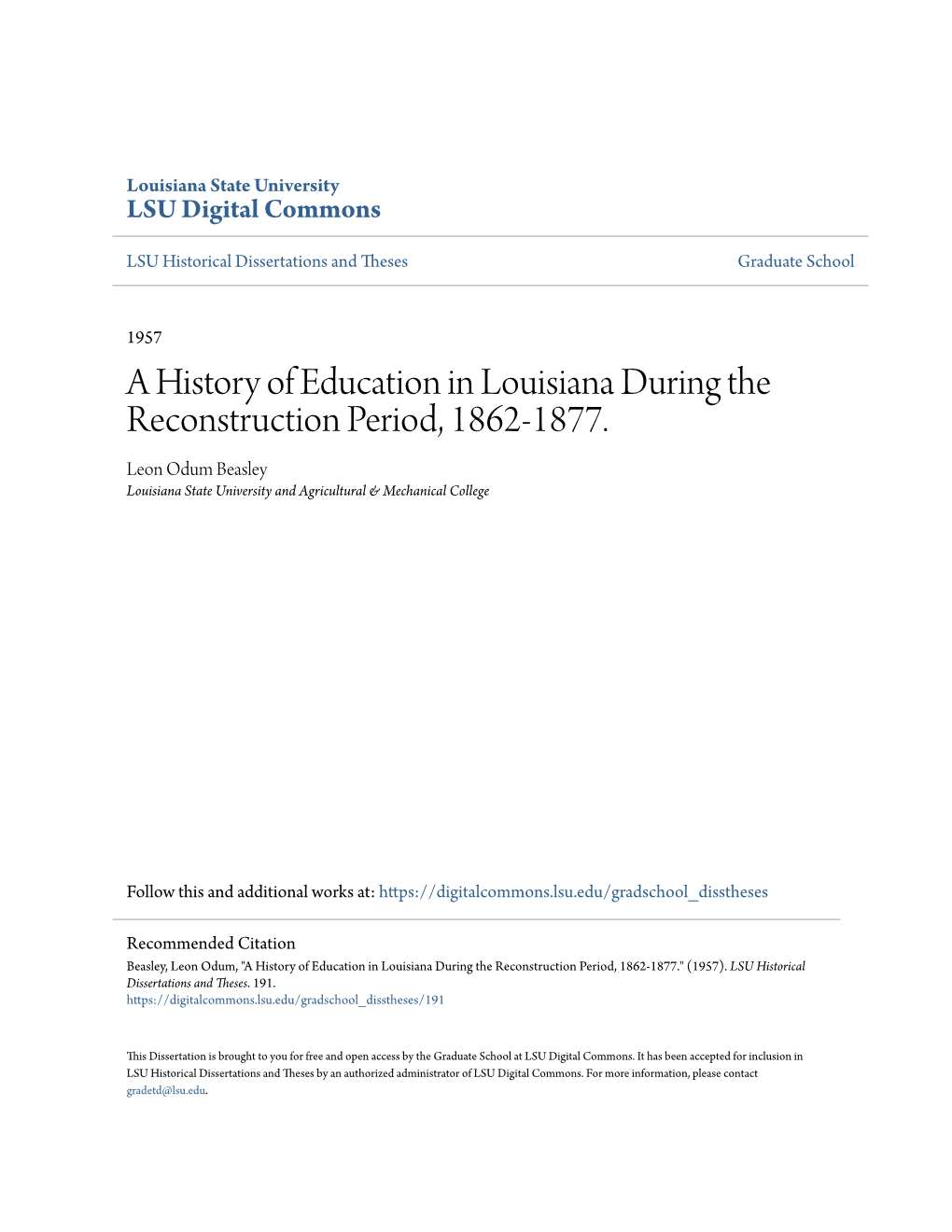 A History of Education in Louisiana During the Reconstruction Period, 1862-1877