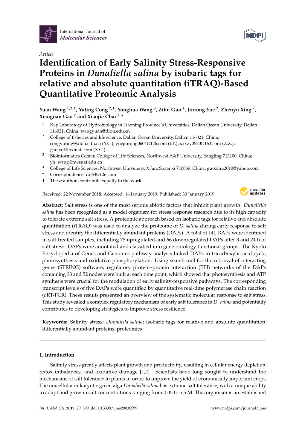 Identification of Early Salinity Stress-Responsive Proteins In