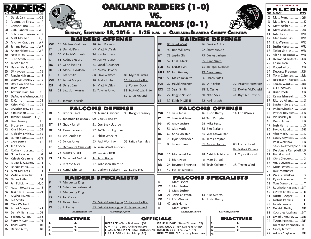 OAKLAND RAIDERS (1-0) NO NAME POS NO NAME POS 4 Derek Carr