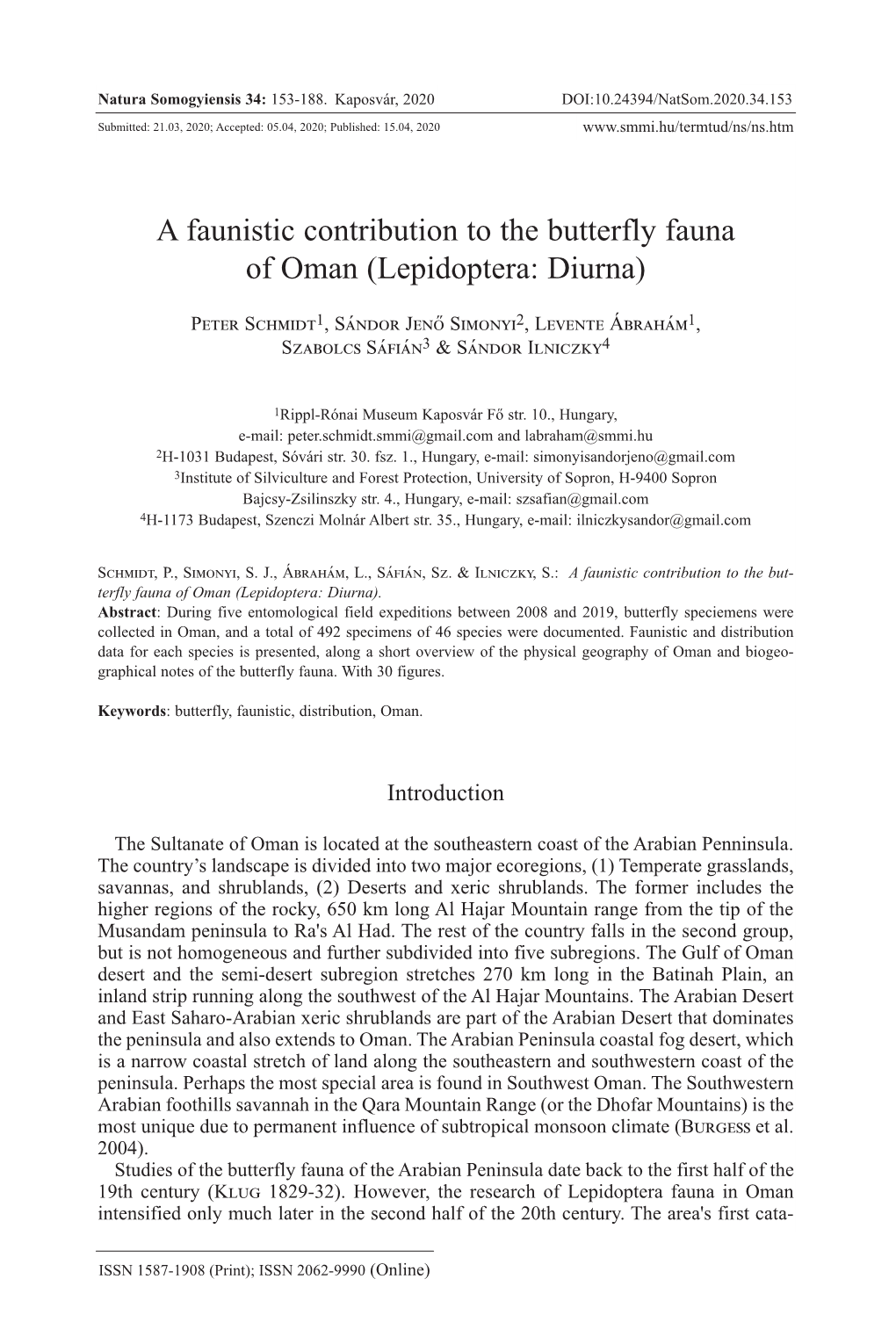 A Faunistic Contribution to the Butterfly Fauna of Oman (Lepidoptera: Diurna)