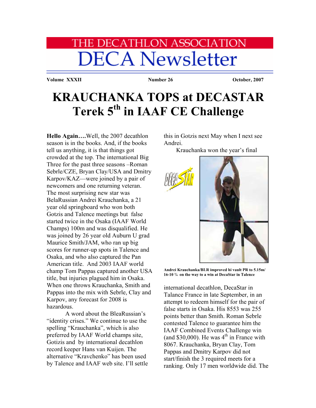 KRAUCHANKA TOPS at DECASTAR Terek 5 in IAAF CE Challenge