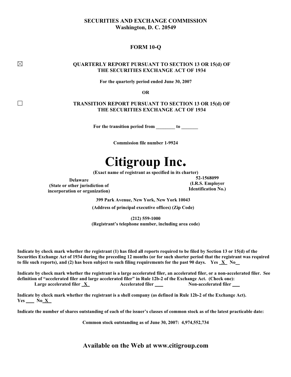 Citigroup Inc. (Exact Name of Registrant As Specified in Its Charter) Delaware 52-1568099 (State Or Other Jurisdiction of (I.R.S