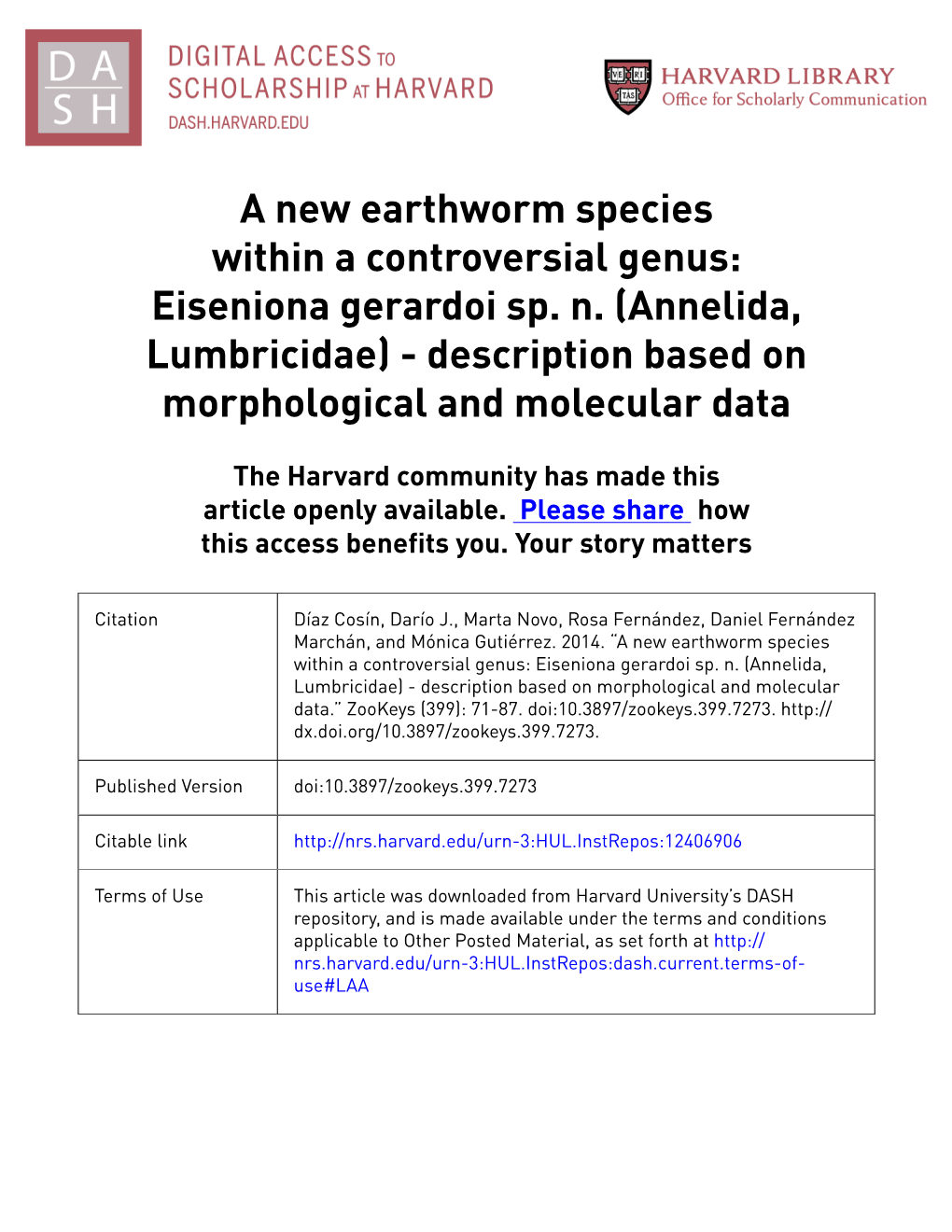 Annelida, Lumbricidae) - Description Based on Morphological and Molecular Data