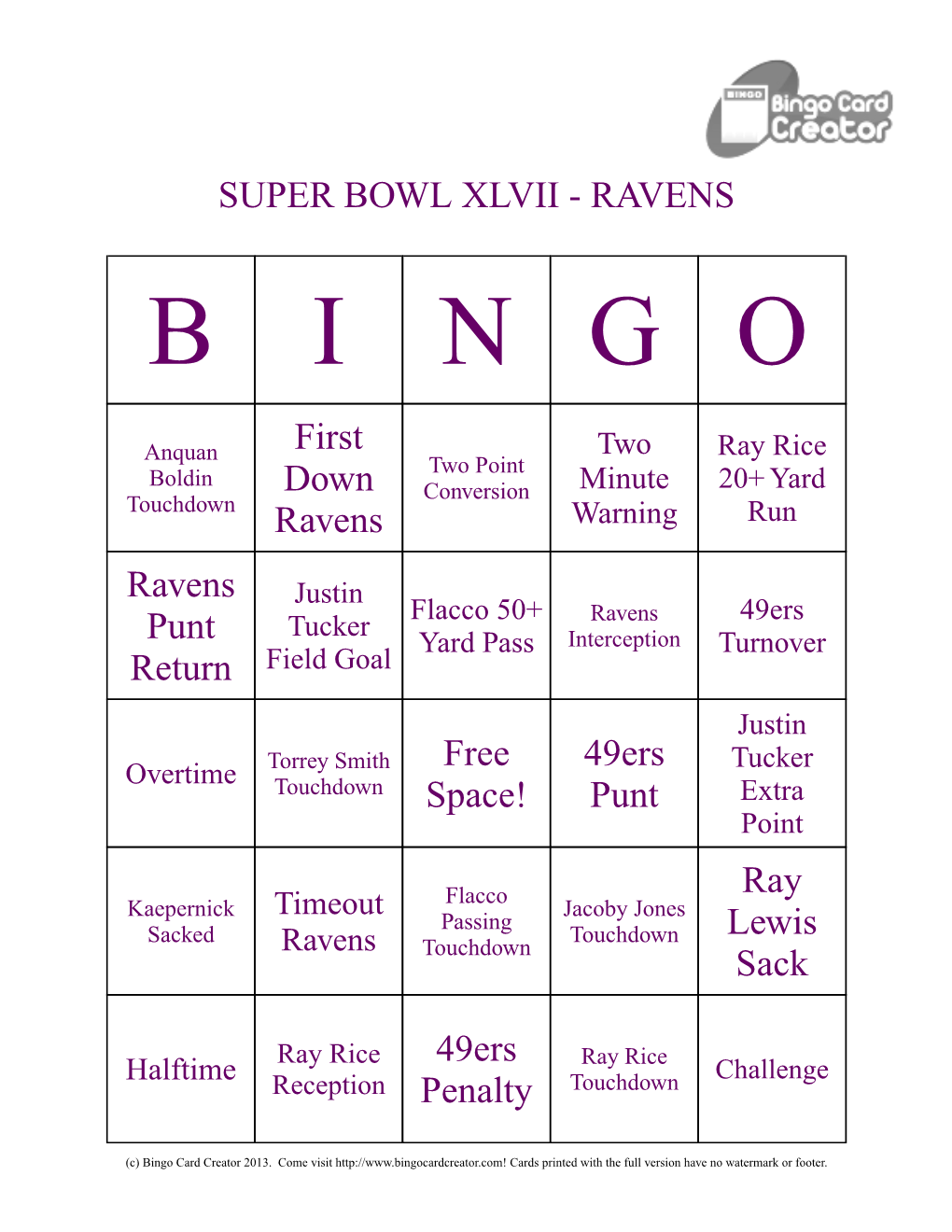 To Print My Ravens Super Bowl Bingo Cards