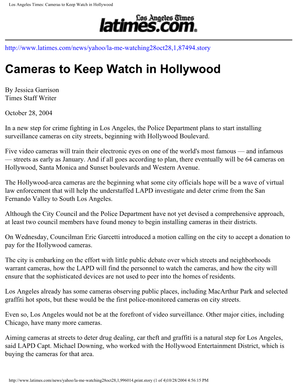 Los Angeles Times: Cameras to Keep Watch in Hollywood