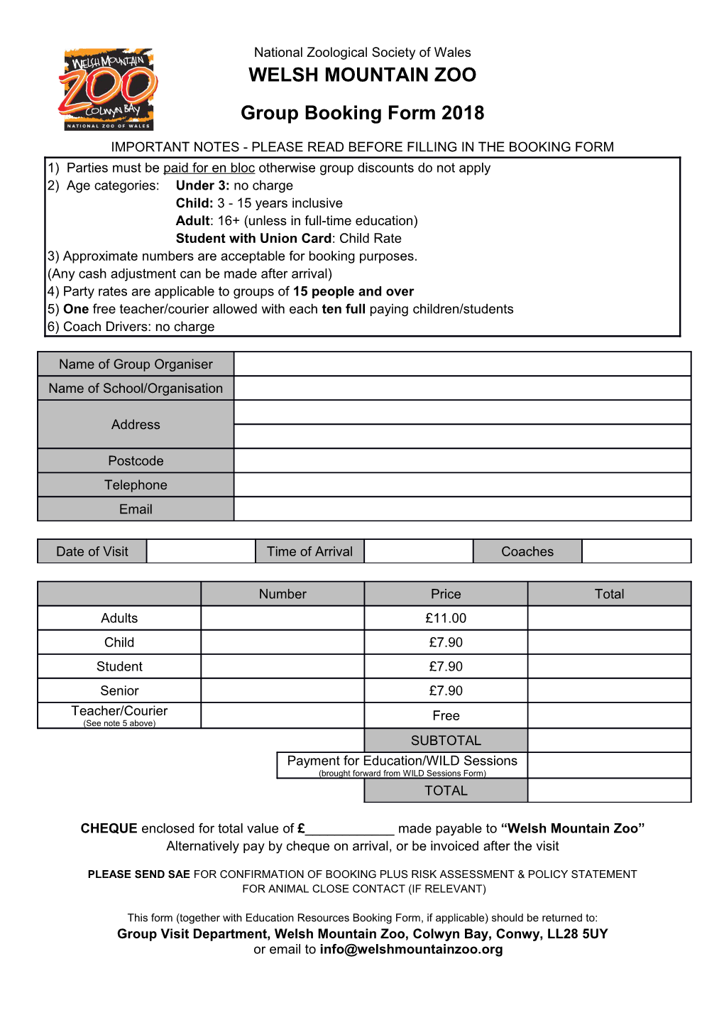 Group Booking Form 2018