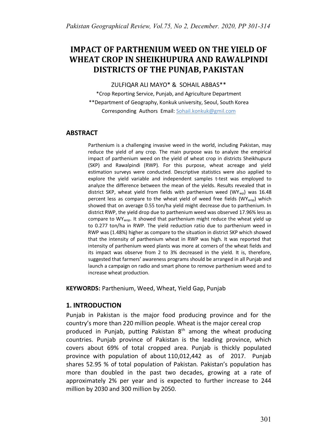 Impact of Parthenium Weed on the Yield of Wheat Crop in Sheikhupura and Rawalpindi Districts of the Punjab, Pakistan