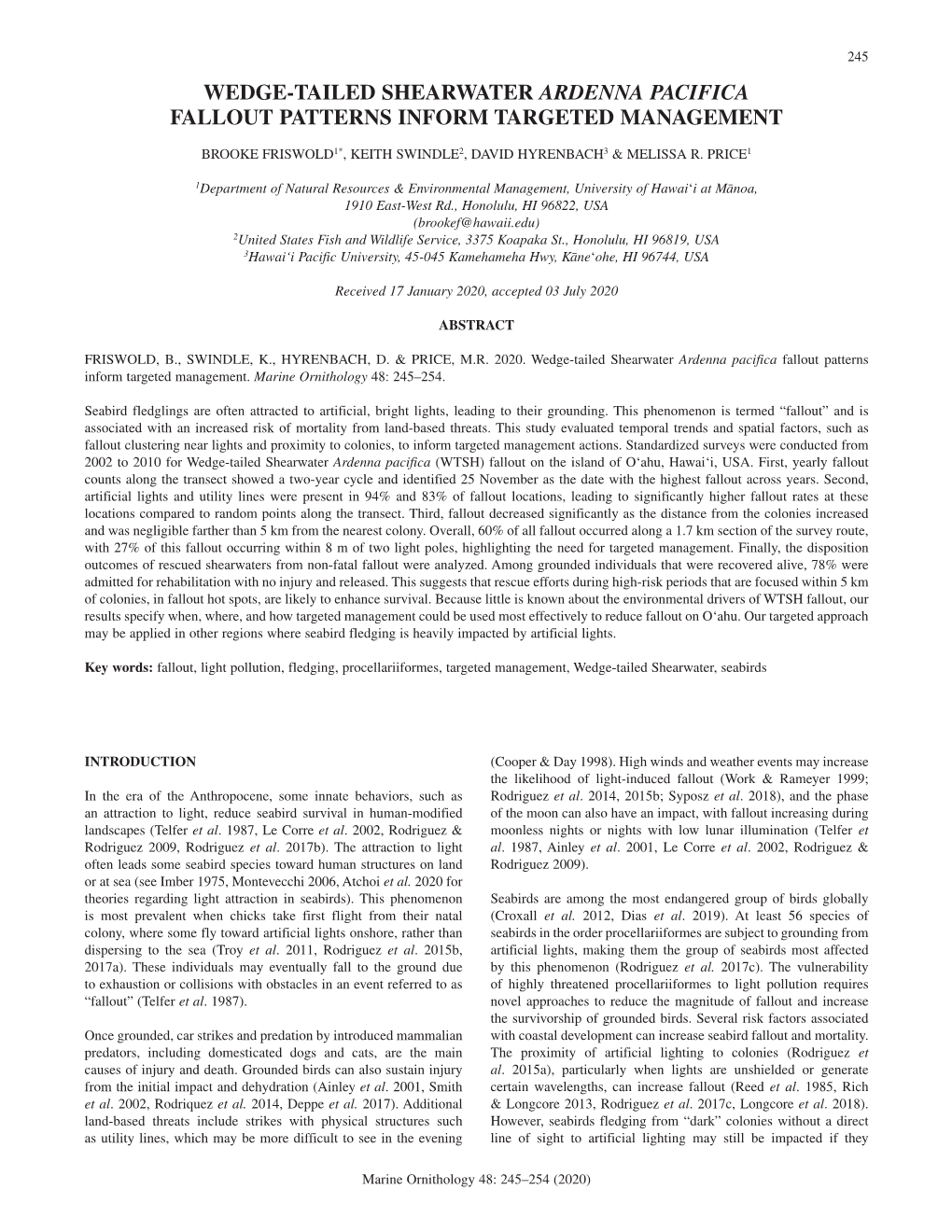 Wedge-Tailed Shearwater Ardenna Pacifica Fallout Patterns Inform Targeted Management