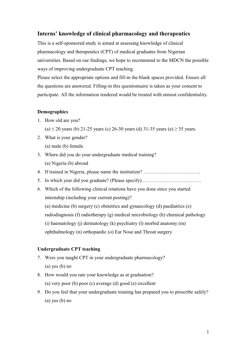 Interns Knowledge of Clinical Pharmacology and Therapeutics