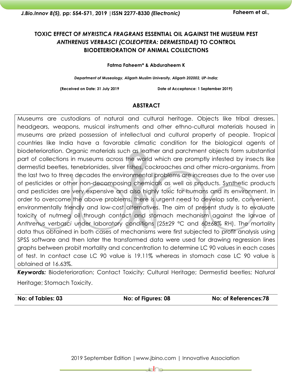 Toxic Effect of Myristica Fragrans Essential Oil