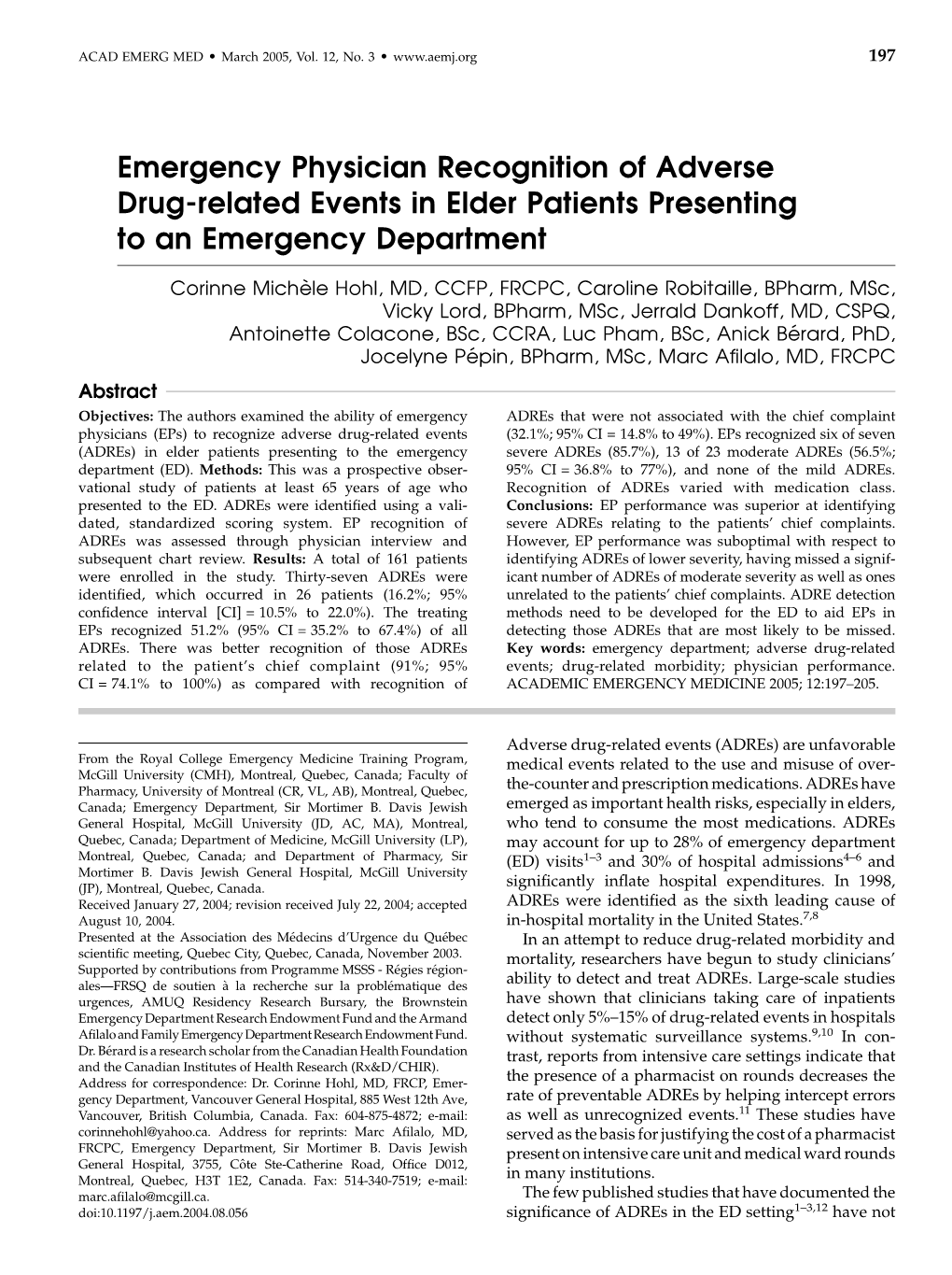 Emergency Physician Recognition of Adverse Drug-Related Events in Elder Patients Presenting to an Emergency Department