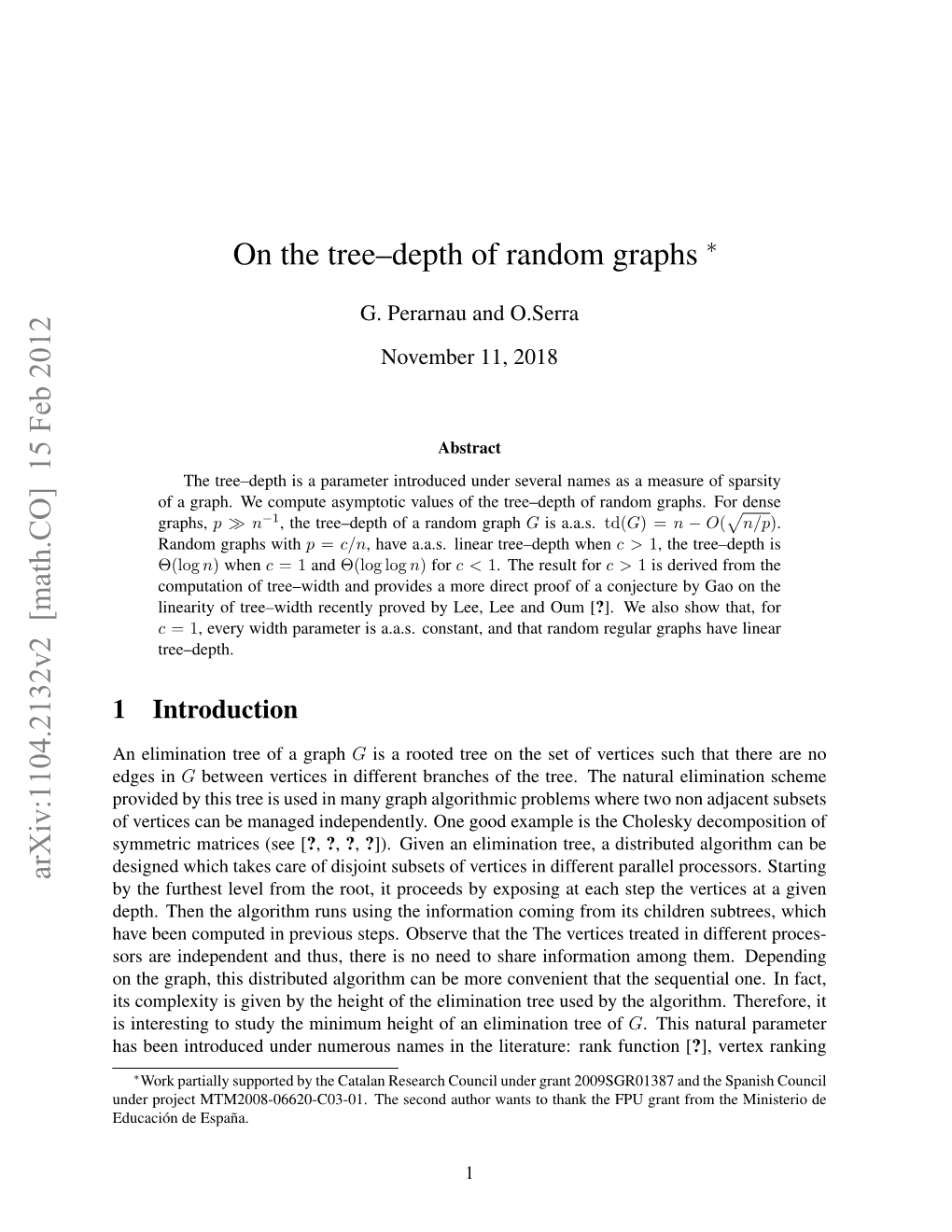 On the Tree–Depth of Random Graphs Arxiv:1104.2132V2 [Math.CO] 15 Feb 2012