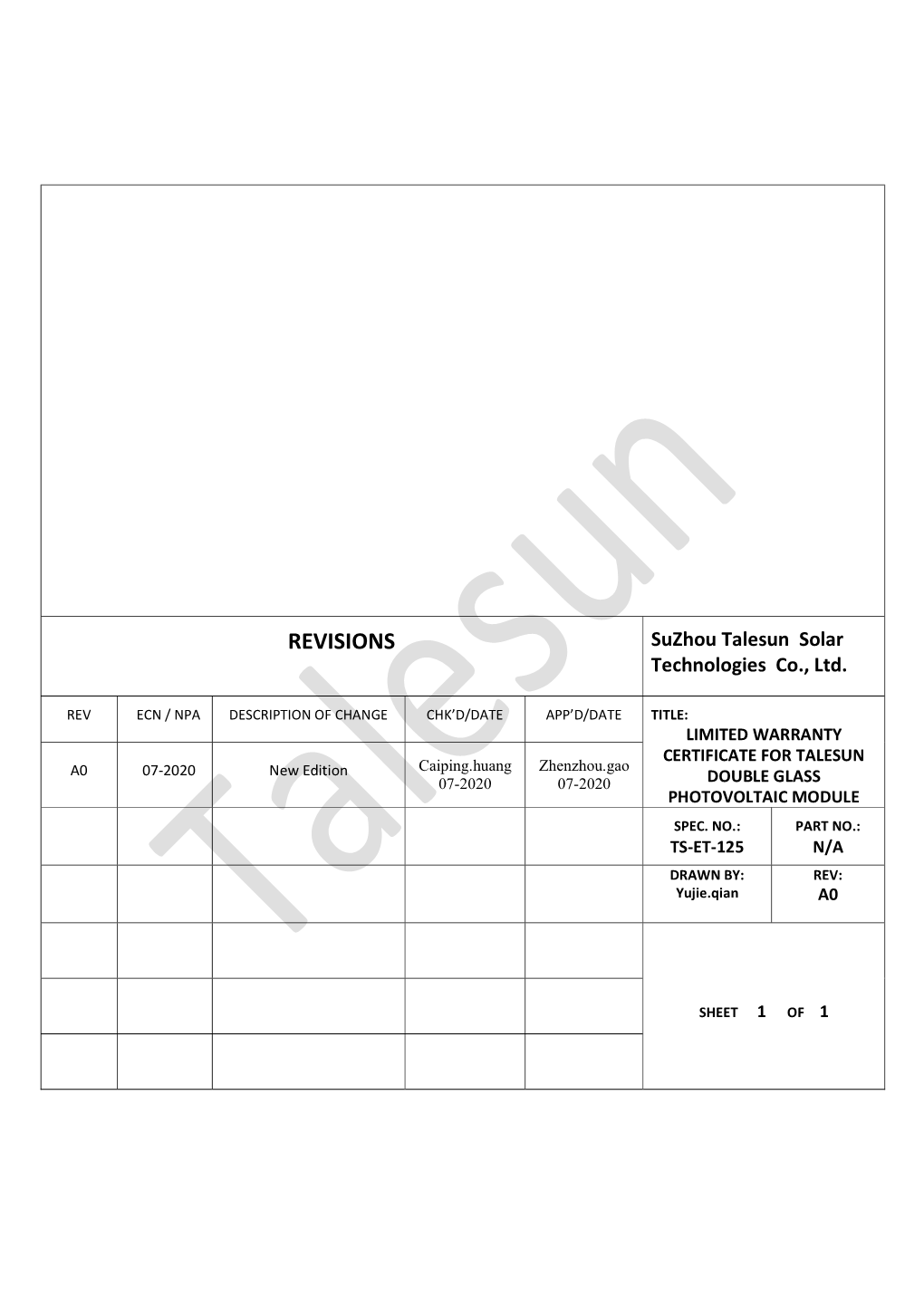 REVISIONS Suzhou Talesun Solar Technologies Co., Ltd