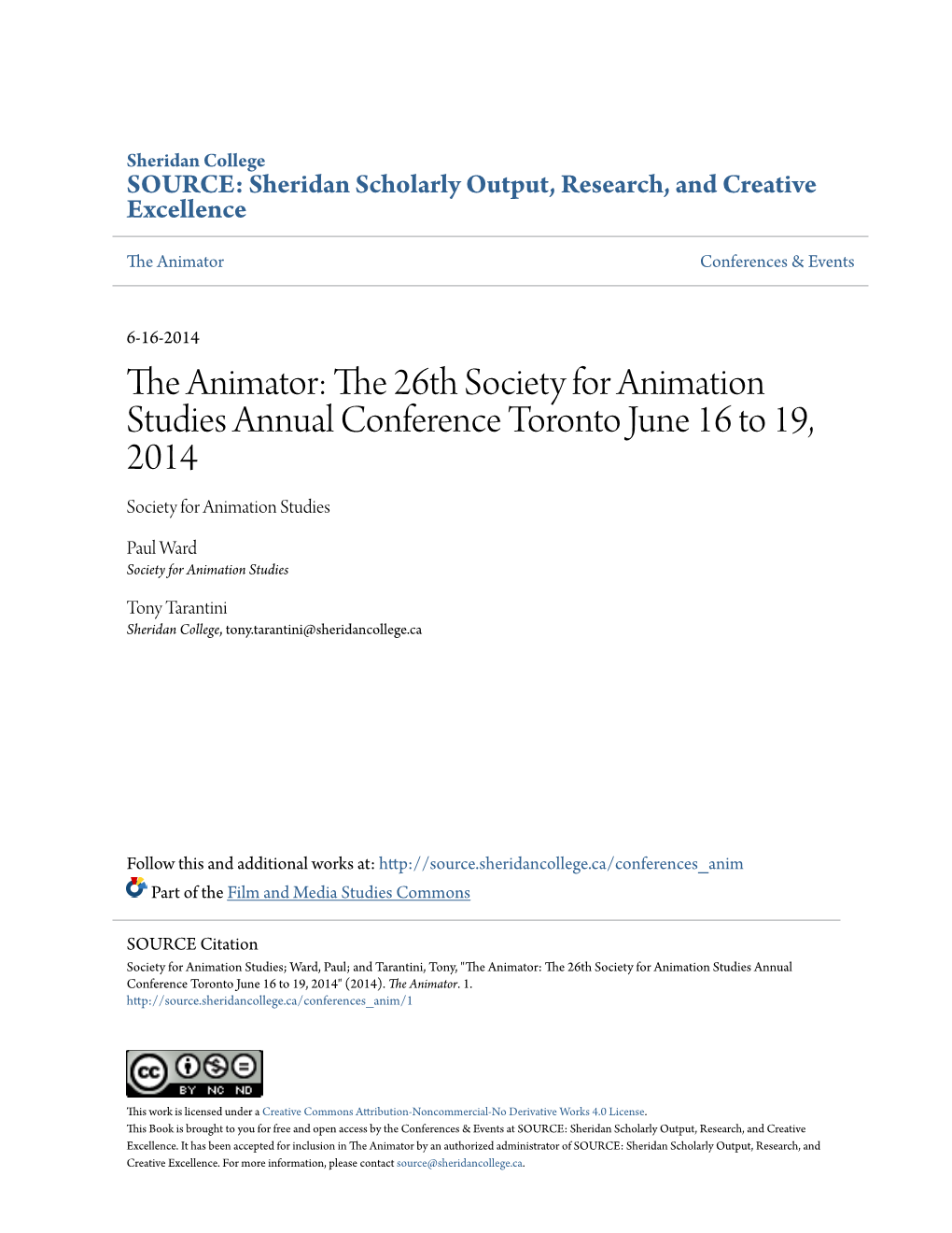 The 26Th Society for Animation Studies Annual Conference Toronto