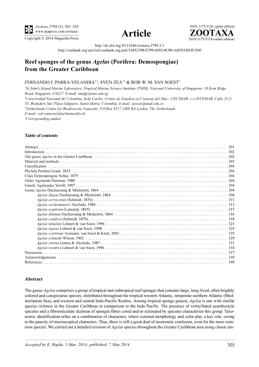 Reef Sponges of the Genus Agelas (Porifera: Demospongiae) from the Greater Caribbean