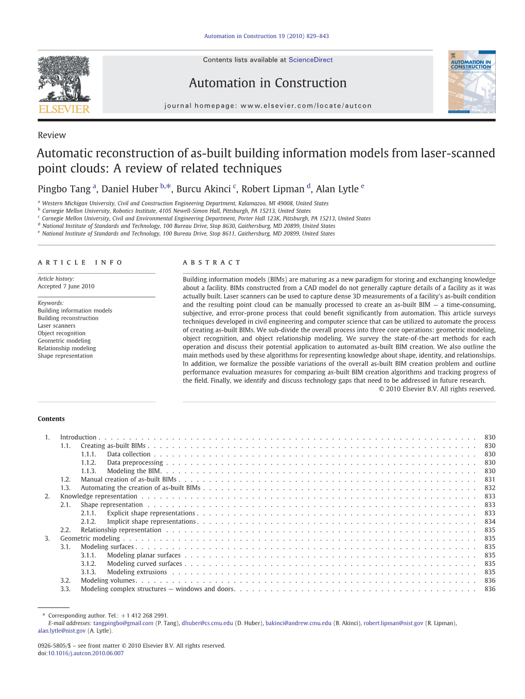 Automatic Reconstruction of As-Built Building Information Models from Laser-Scanned Point Clouds: a Review of Related Techniques