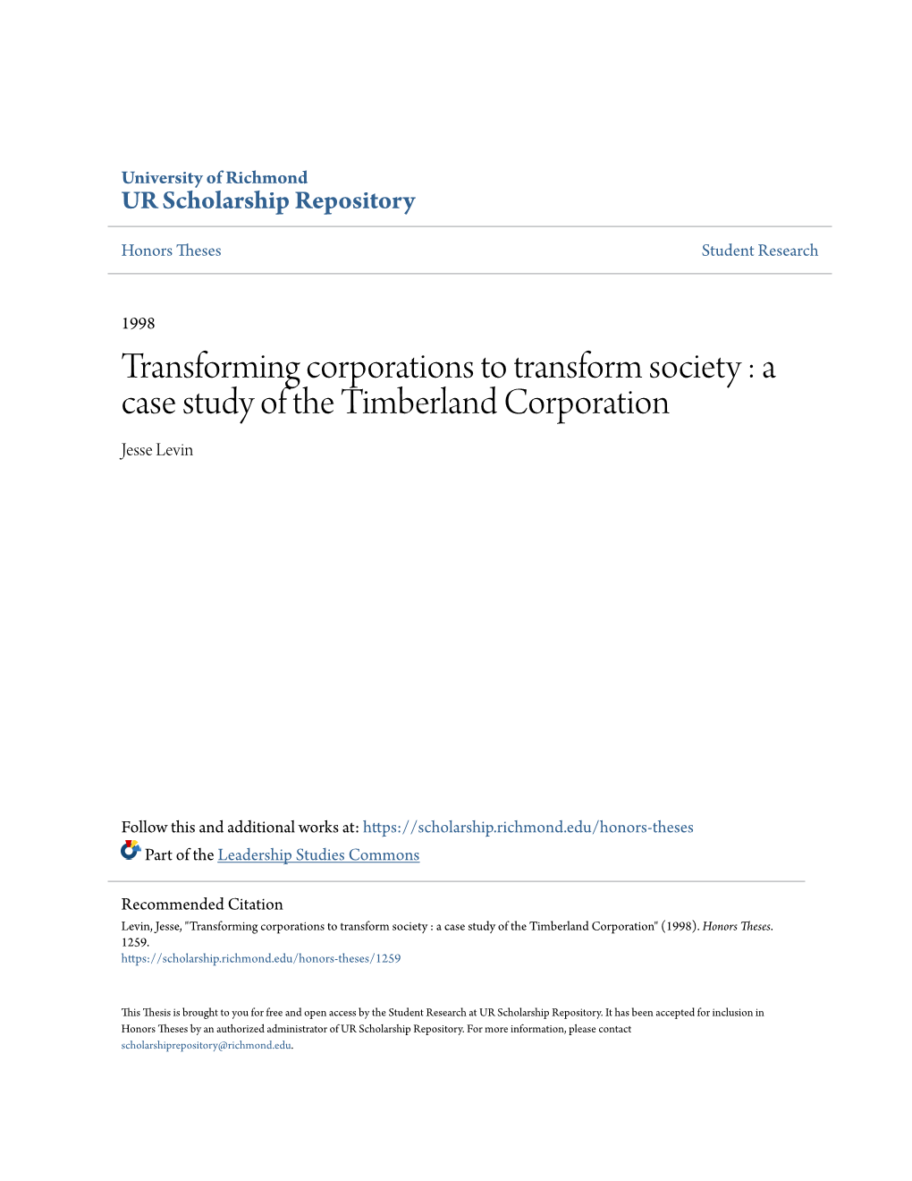 A Case Study of the Timberland Corporation Jesse Levin