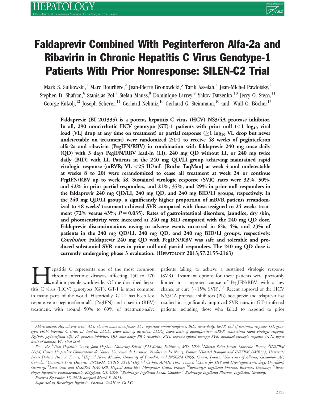 Faldaprevir Combined with Peginterferon Alfa2a and Ribavirin In