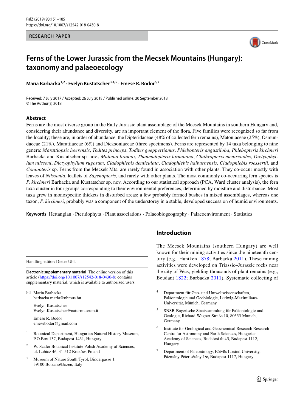 Ferns of the Lower Jurassic from the Mecsek Mountains (Hungary): Taxonomy and Palaeoecology