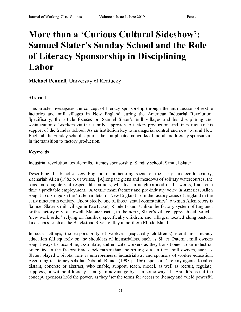 Samuel Slater's Sunday School and the American Industrial Revolution