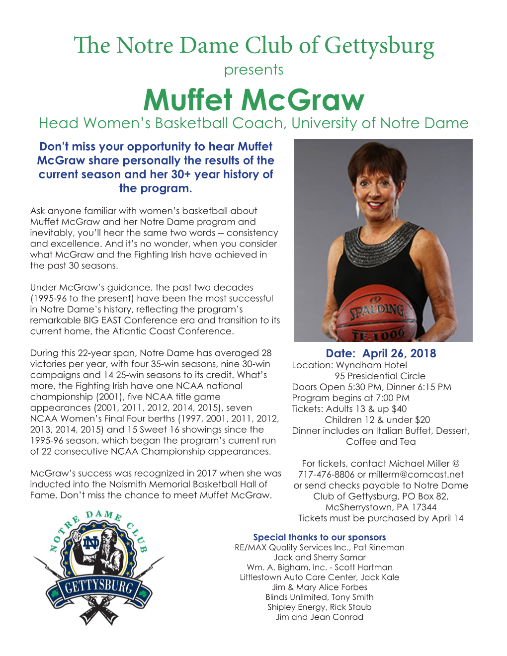 Muffet Mcgraw Head Women’S Basketball Coach, University of Notre Dame