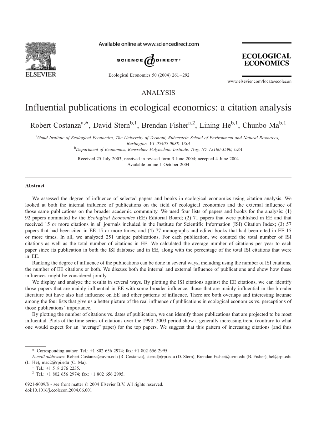 Influential Publications in Ecological Economics: a Citation Analysis