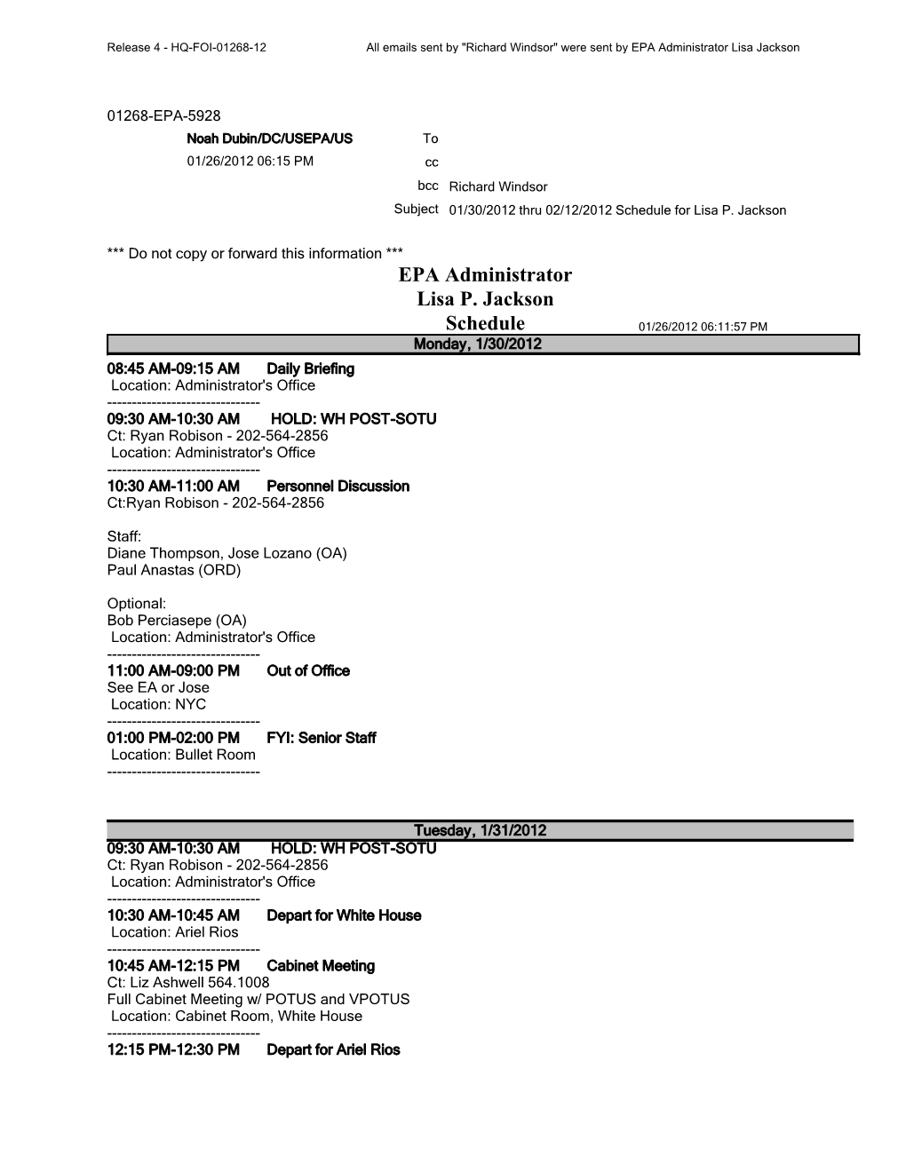 EPA Administrator Lisa P. Jackson Schedule