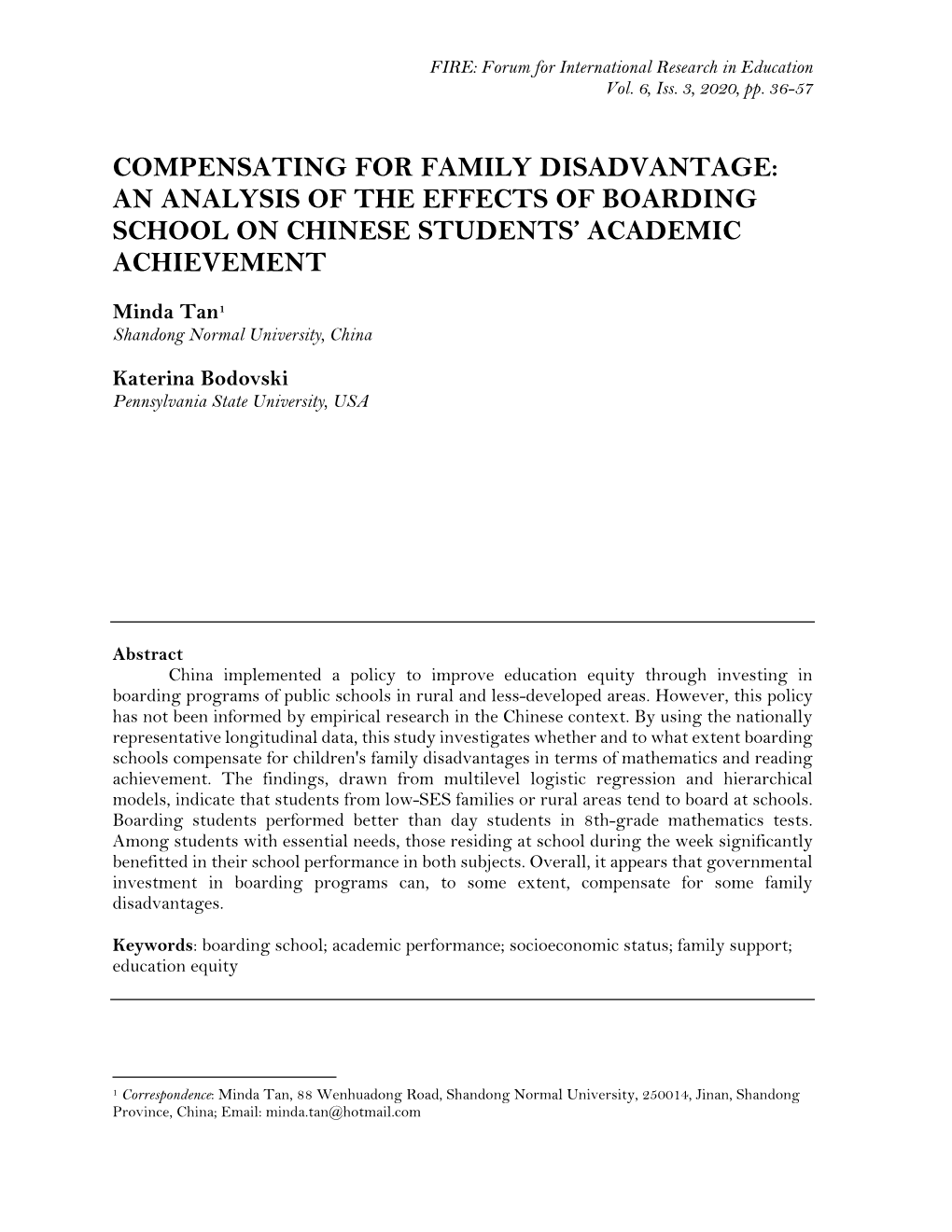 An Analysis of the Effects of Boarding School on Chinese Students’ Academic Achievement