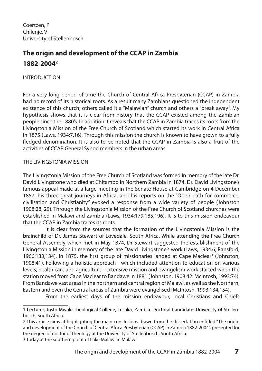 The Origin and Development of the CCAP in Zambia 1882-20042