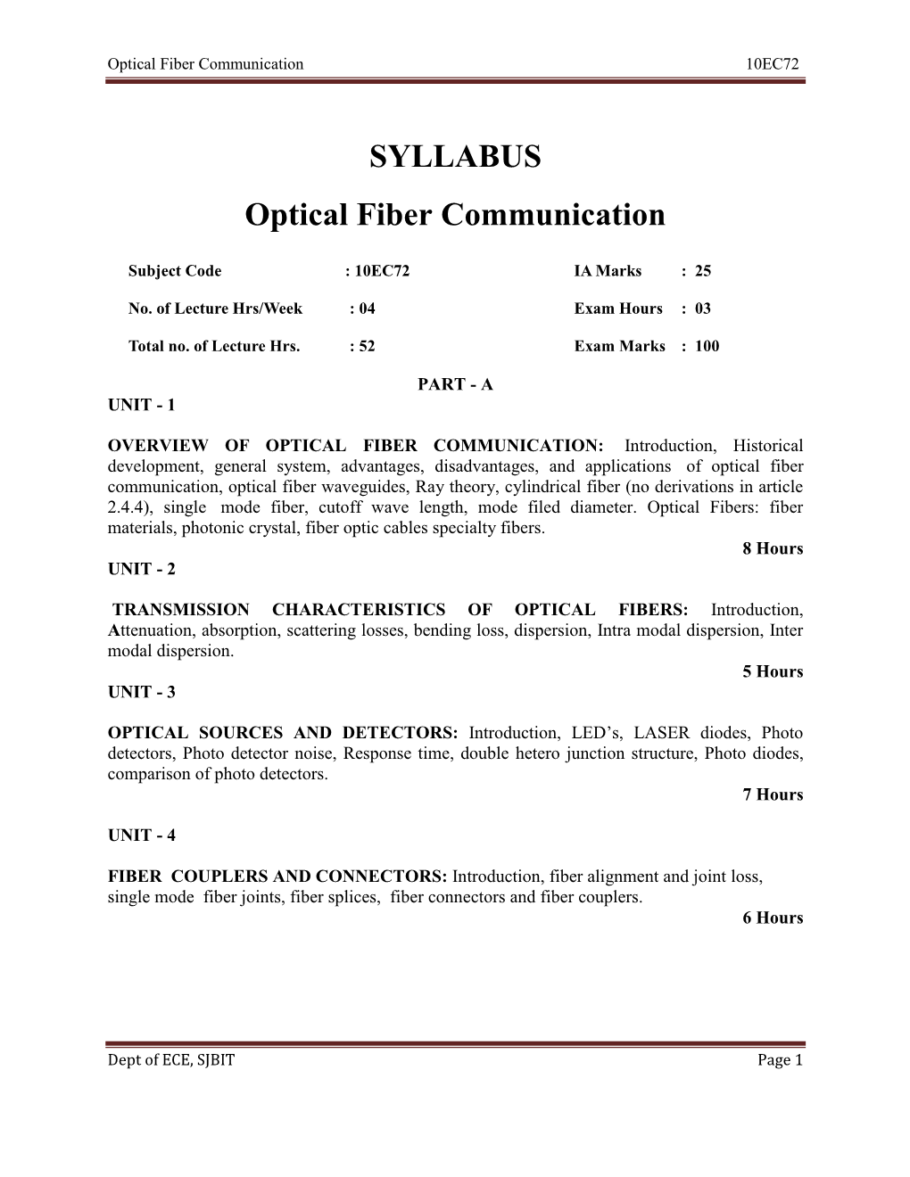 SYLLABUS Optical Fiber Communication