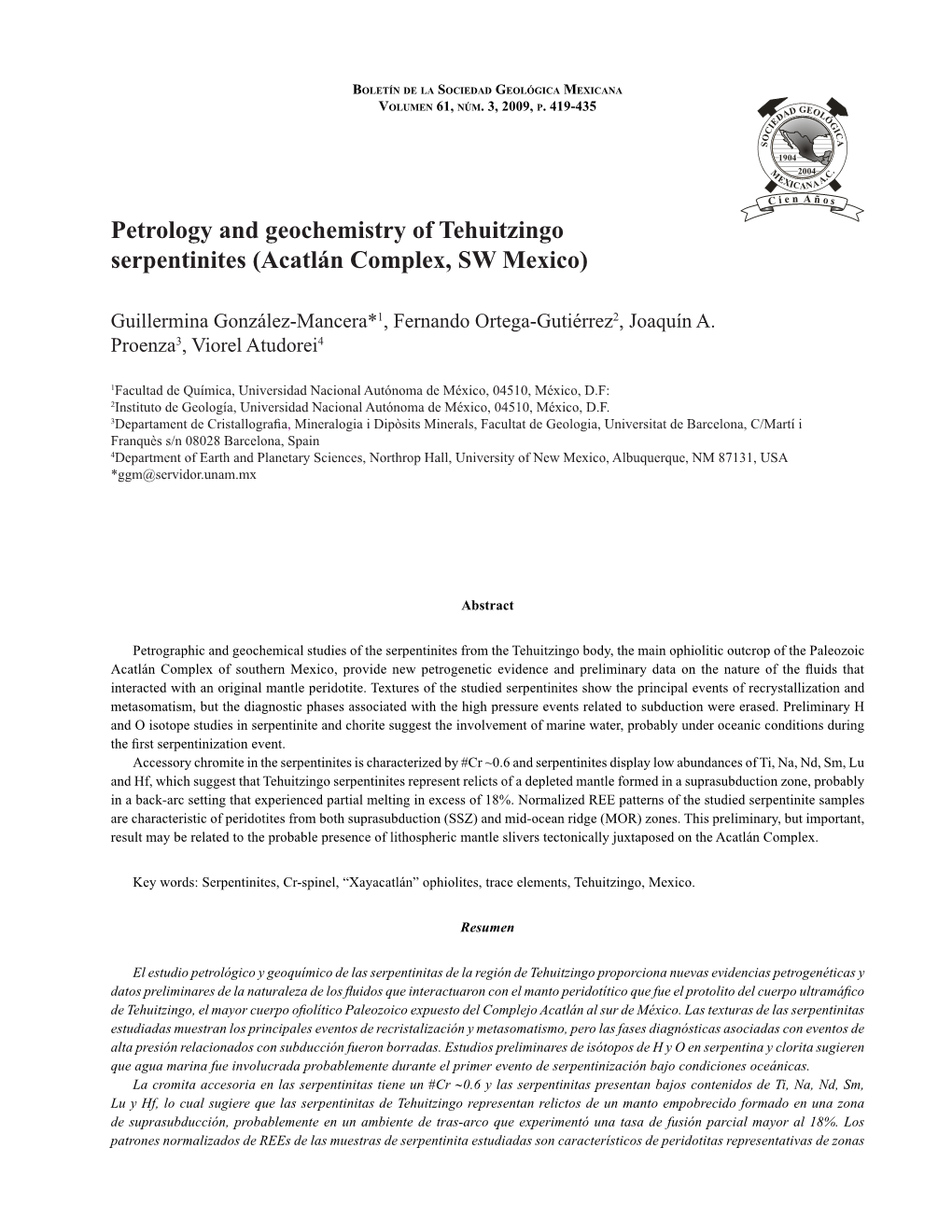 Petrology and Geochemistry of Tehuitzingo Serpentinites (Acatlán Complex, SW Mexico)