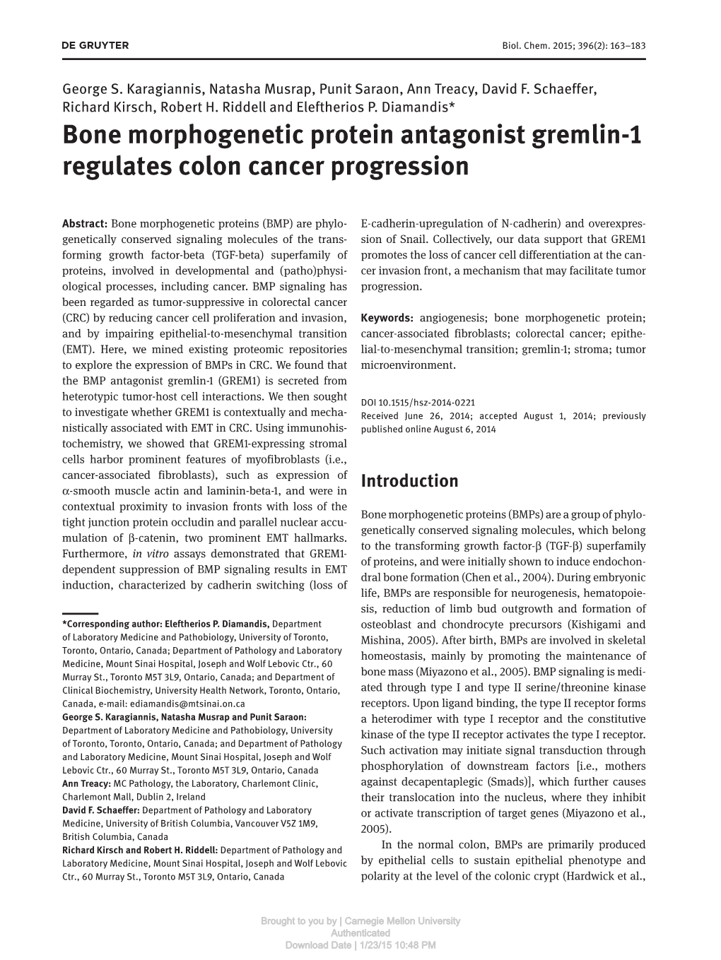 Bone Morphogenetic Protein Antagonist Gremlin-1 Regulates Colon Cancer Progression