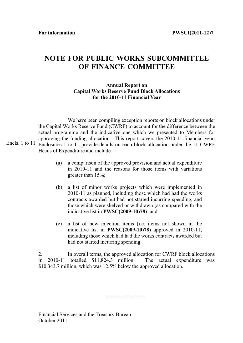 Note for Public Works Subcommittee of Finance Committee