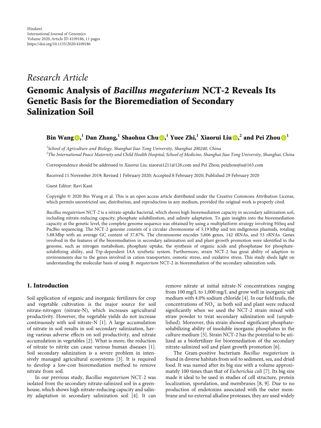 Research Article Genomic Analysis of Bacillus Megaterium NCT-2 Reveals Its Genetic Basis for the Bioremediation of Secondary Salinization Soil