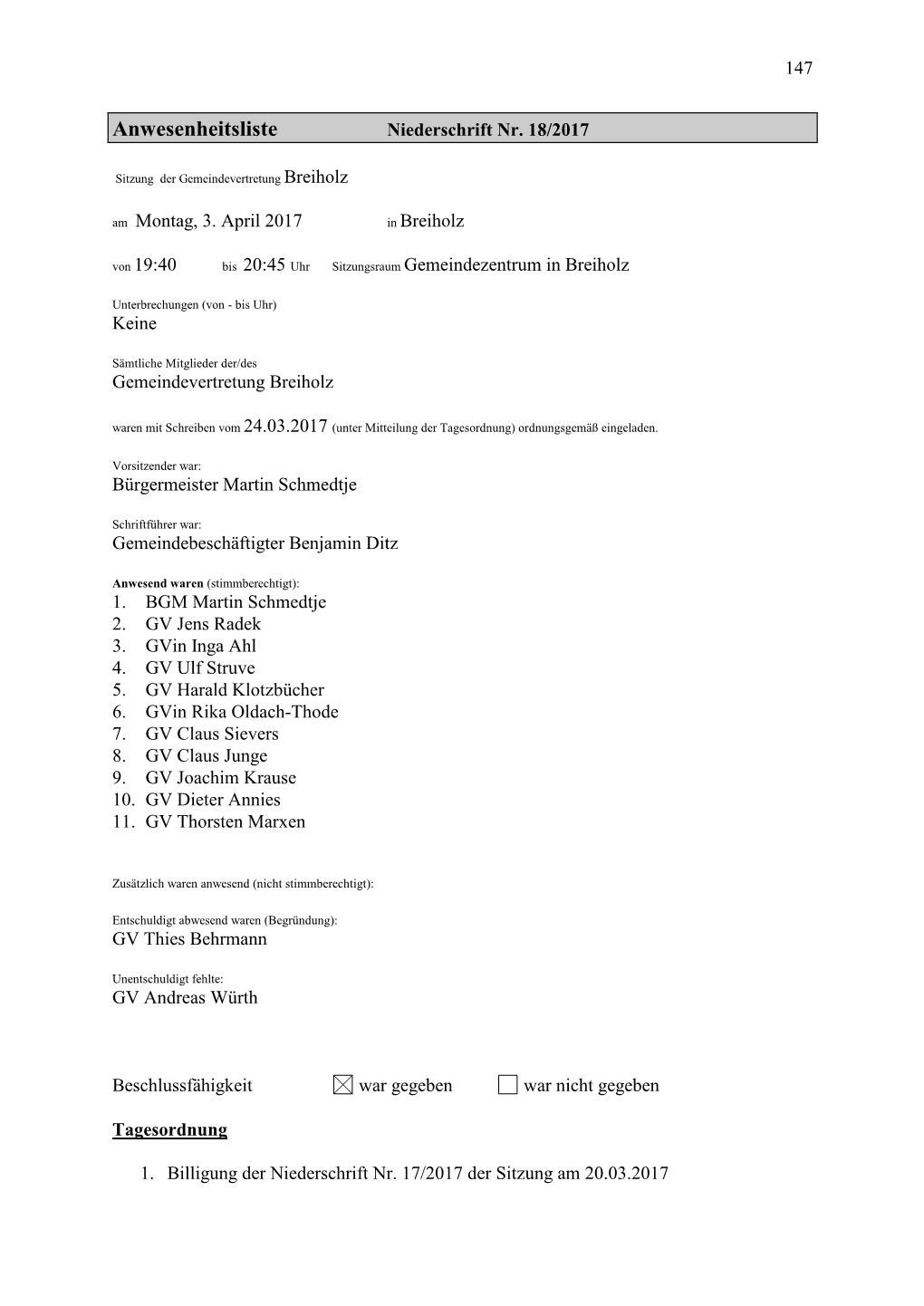 Anwesenheitsliste Niederschrift Nr