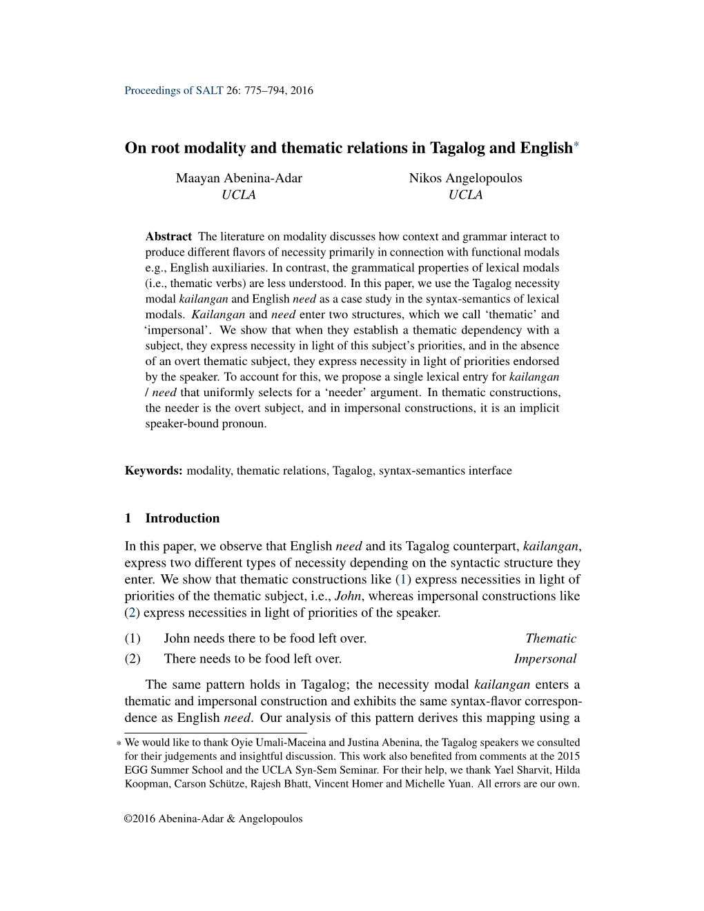 On Root Modality and Thematic Relations in Tagalog and English*