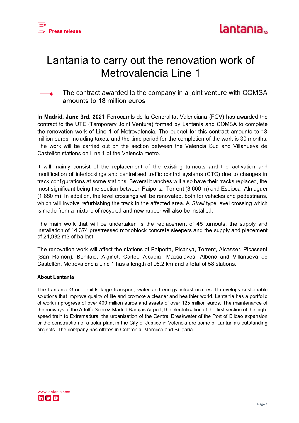 Lantania to Carry out the Renovation Work of Metrovalencia Line 1