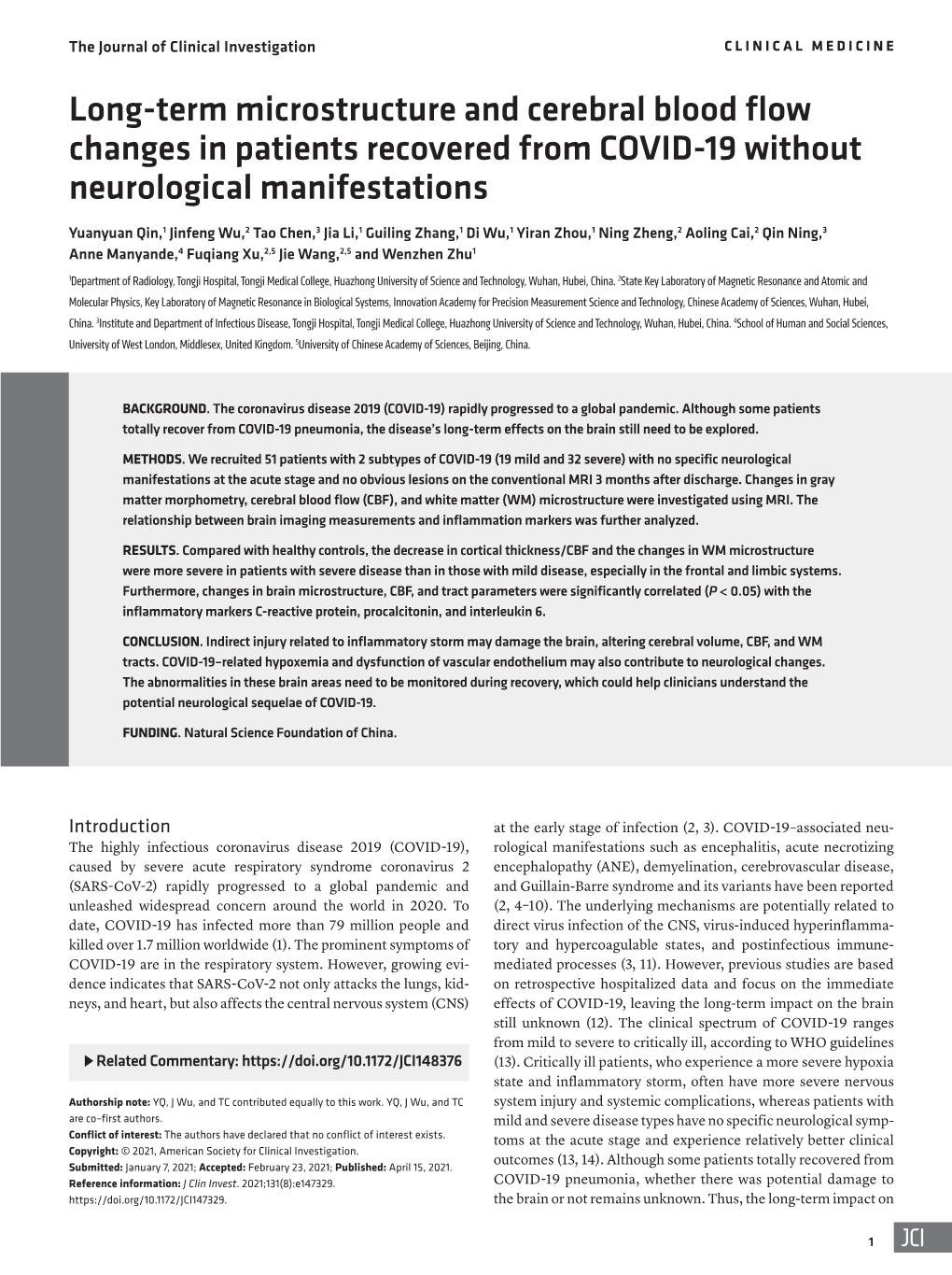 Long-Term Microstructure and Cerebral Blood Flow Changes in Patients Recovered from COVID-19 Without Neurological Manifestations