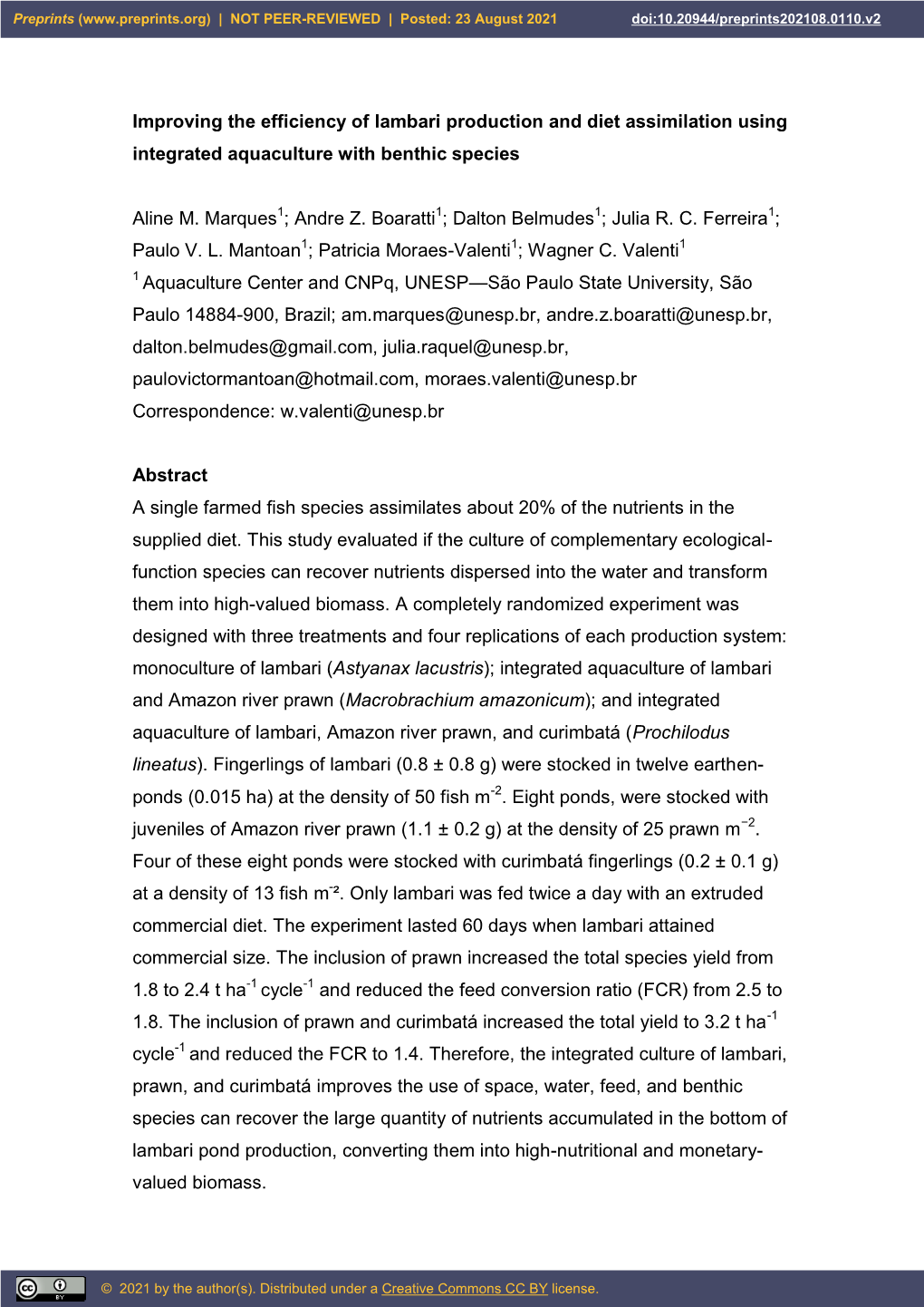 Improving the Efficiency of Lambari Production and Diet Assimilation Using Integrated Aquaculture with Benthic Species Aline M