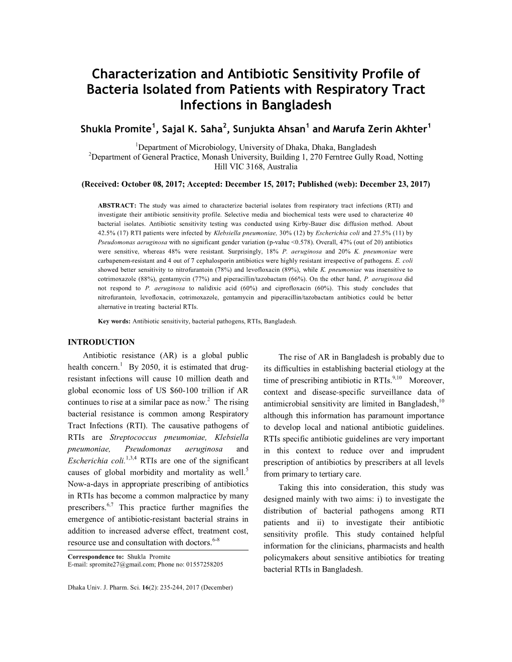 Characterization and Antibiotic Sensitivity Profile of Bacteria Isolated from Patients with Respiratory Tract Infections in Bangladesh