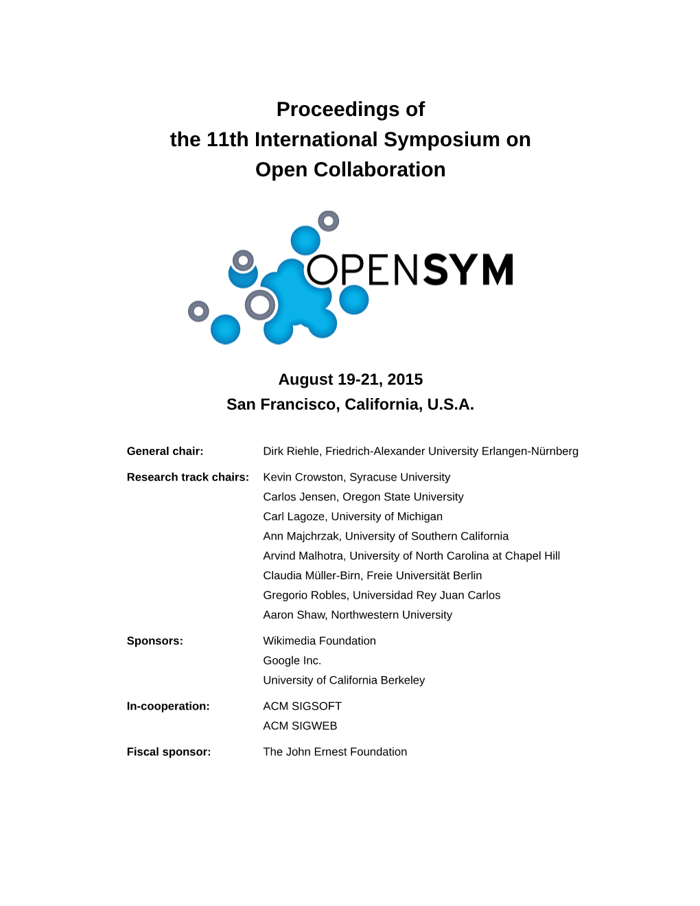 Proceedings of the 11Th International Symposium on Open Collaboration