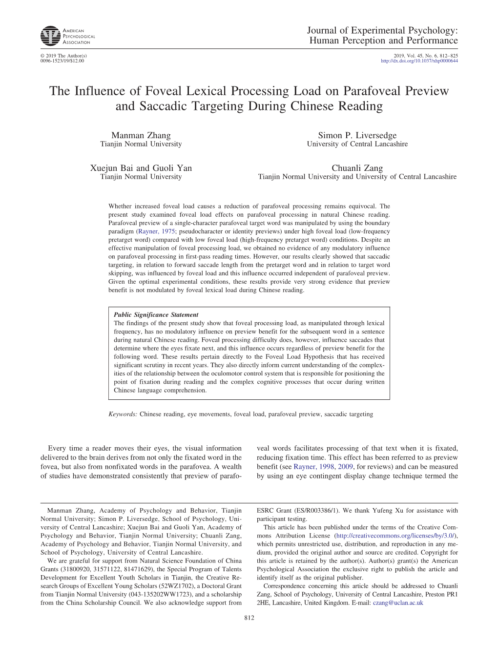 The Influence of Foveal Lexical Processing Load on Parafoveal Preview and Saccadic Targeting During Chinese Reading