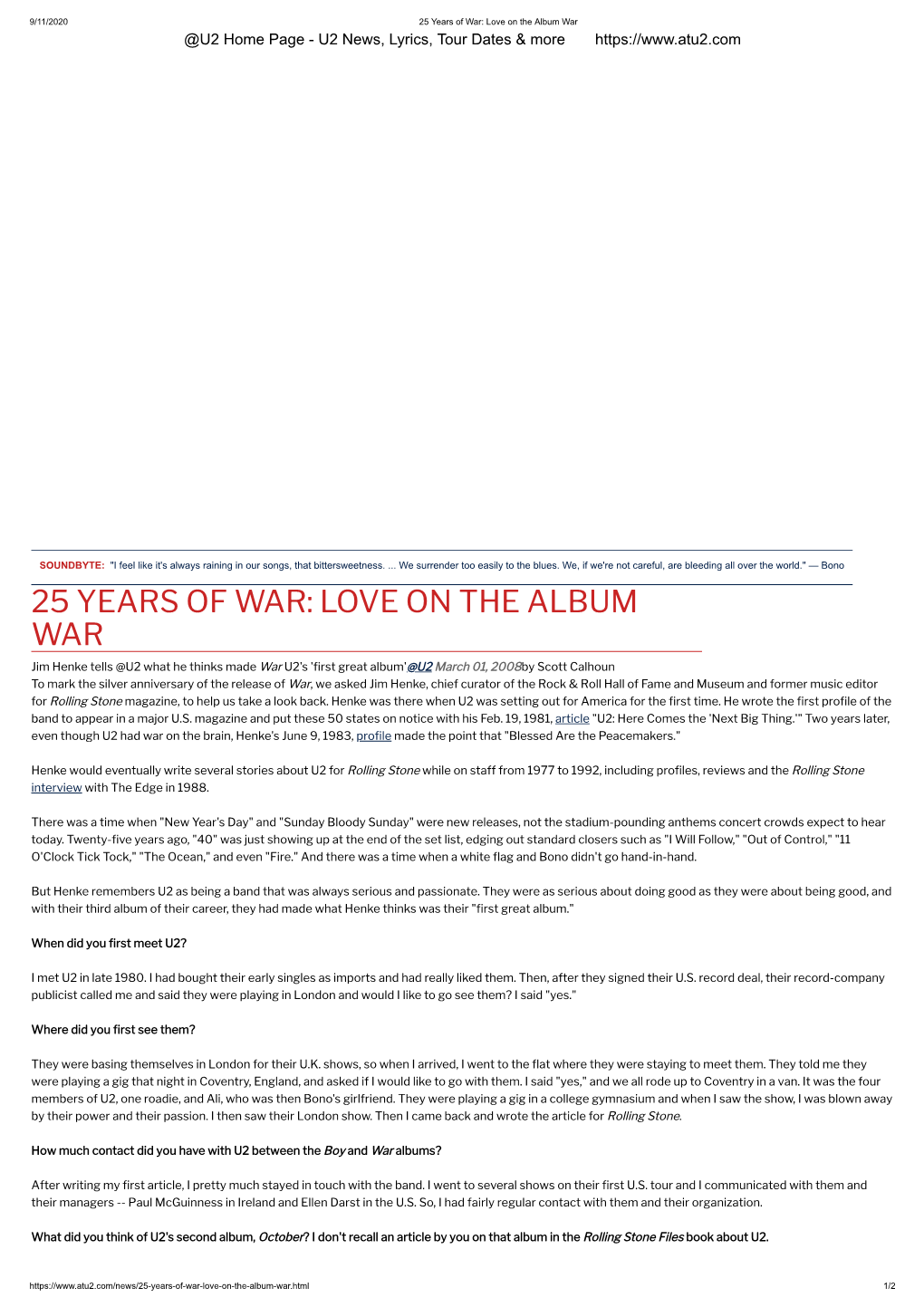 25 Years of War: Love on the Album War @U2 Home Page - U2 News, Lyrics, Tour Dates & More