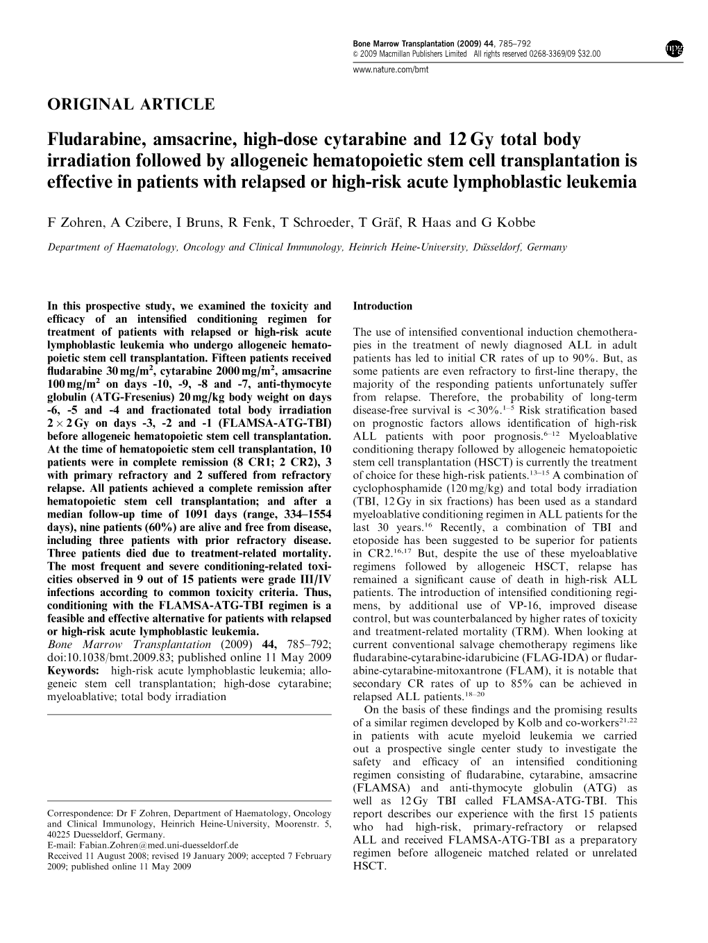 Gy Total Body Irradiation Followed by Allogeneic Hematopoietic St