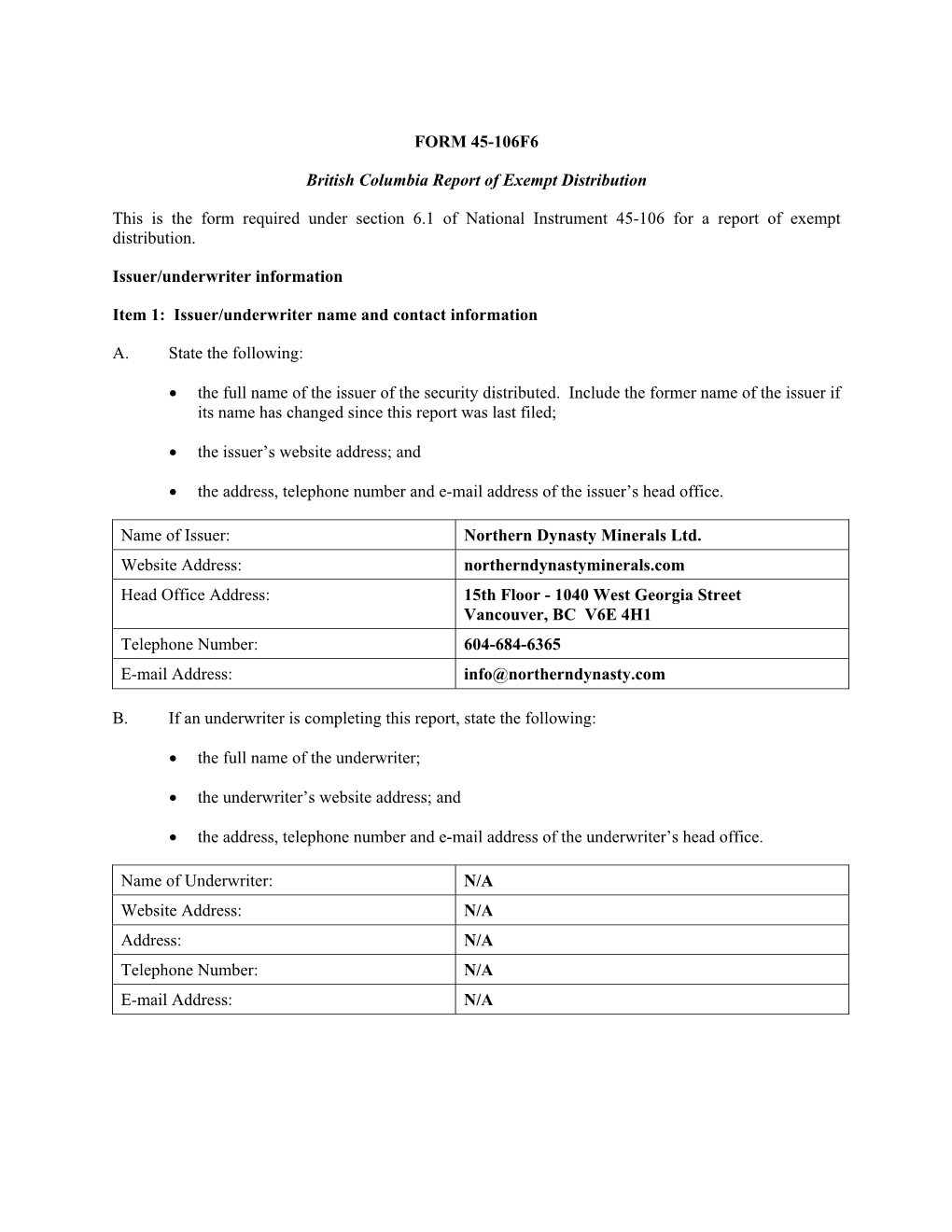 FORM 45-106F6 British Columbia Report of Exempt Distribution This